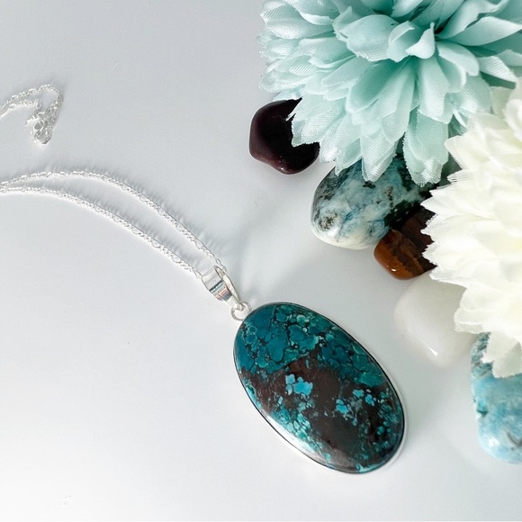 Tibetan Turquoise Pendant Necklace Sterling Silver 925 Oval Handcrafted New - Picture 9 of 9